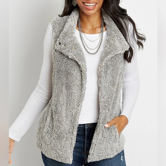 Maurices Gray Asymmetrical Collar Open Front Sherpa Vest Xsmall Women’s - Picture 11 of 11